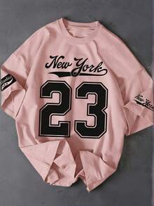 夏季女裝 23 Digital NEW YORK 字母圖案圓領短袖T恤，休閒寬鬆多功能度假風上衣 - 粉色 - 查看 1