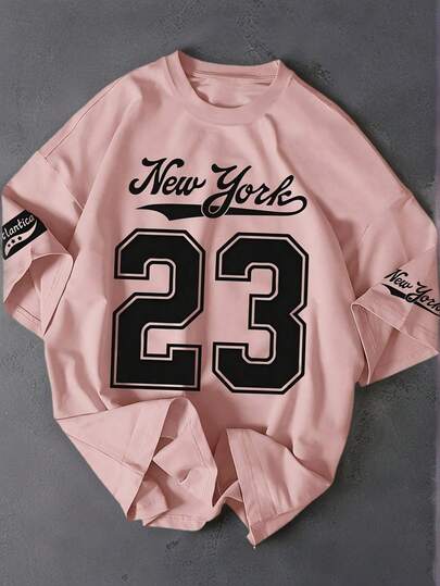 Zomerkleding voor dames: T-shirt met ronde hals en korte mouwen met het digitale NEW YORK-letterpatroon (23 Digital), casual, losvallend, multifunctioneel topje in vakantiestijl, geschikt voor dagelijks gebruik tijdens de vakantie en als modieuze zomeroutfit. Roze