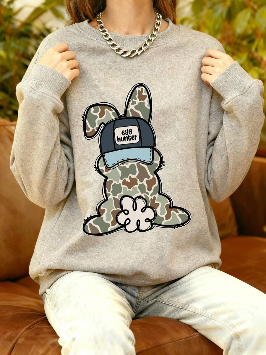 Easter Bunny Egg Hunter Camo Graphic Sweatshirt For Women And Men Spring Holiday Casual Wear - Xám - Xem 1