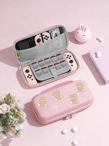 1pc Cartoon Bear & Bow Storage Bag , Compatible Switch OLED/Switch NS/Switch Lite/Switch 2(2025) Console, Protective Hard Shell Bag With Integrated Stand & 10 Game Card Storage, Portable & Shockproof Game Card Holder, Suitable For Portable Travel, Providing Protection For Game Console And Accessories Against Impacts And Drops