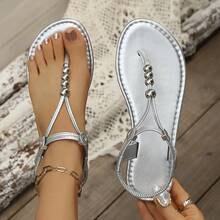 Sandalias planas hechas a mano con diseño elástico cómodo y estilo romano para mujer, de moda casual y versátil, para el verano - Plateado - Ver 12
