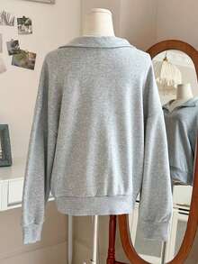 Women's Loose Split Zip-Up Hoodie, Fleece-Lined Casual Sport Sweatshirt With Half-Zip & Turn-Collar, Graduation/Teacher/Back To School Pullover For Spring/Autumn, Women Curve Essential, Christmas Long Sleeve Top & Valentine/New Years Outfit, Holiday Gift, No Effort,  Everyday Active Heather Grey Top. - 灰色 - 查看 2