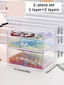 一套两件透明桌面抽屉式塑料多功能串珠收纳盒，非常适合DIY串珠、米珠的收纳，也可作为桌面多功能收纳盒，用于存放戒指、耳环、项链、手链和其他珠宝首饰，还适用于五金配件、工艺美术用品和家居珠宝收纳。