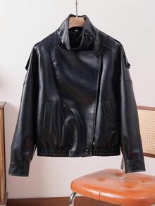 女士黑色仿皮高领长袖PU外套，带口袋和收紧下摆，打造时尚叠穿造型 - 黑色 - 查看 1