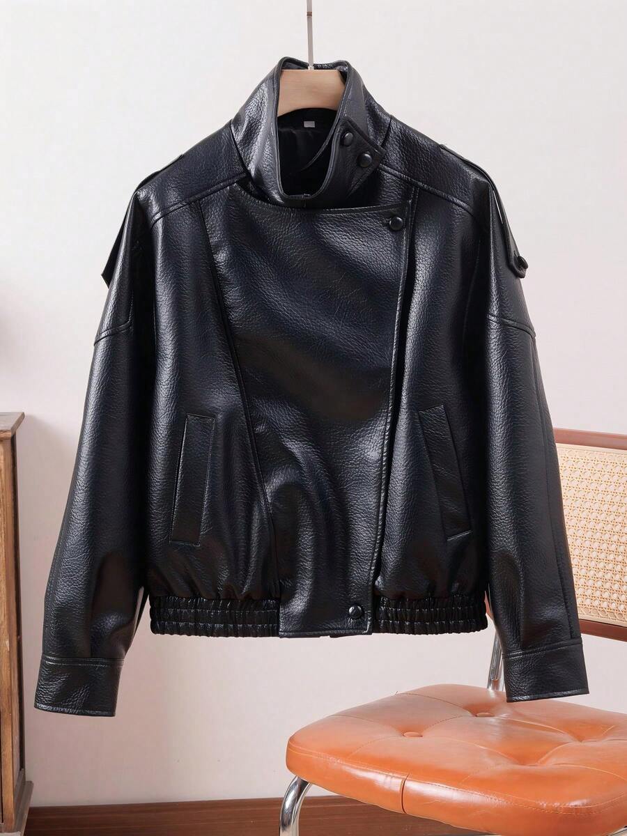 女士黑色仿皮高领长袖PU外套，带口袋和收紧下摆，打造时尚叠穿造型 - 黑色 - 查看 1