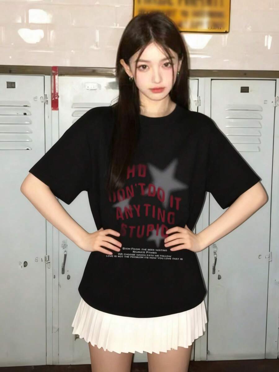 Women's Casual Loose Fit Round Neck Star & Letter Print Short Sleeve T-Shirt, Spring/Summer - Black - View 1