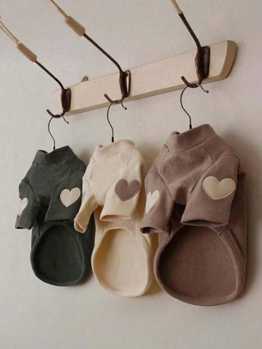 1pc LANGXINGCS Winter Warm Pet Hoodie, Dog Hooded Sweatshirt With Heart Embroidery Design, Soft & Cozy Thermal Lined Pet Clothes, Simple & Fashionable Cat Dog Apparel Suitable For Indoor & Outdoor Wear, Medium & Small Pets - Multicolor - View 1