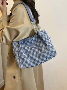 Sac fourre-tout pour femmes, sac à bandoulière en canevas à carreaux bleus, sac à main souple de grande capacité, mode et minimaliste, convient pour le shopping et les déplacements - Bleu azur - Voir 6