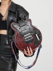 Creative Y2k Style Vintage Guitar Shaped Bag For Girls, Bass Guitar Unique Design Shoulder Bag, Crossbody Bag, Chain & Rivet Decoration, Color Block Wide Strap Bag, Street Fashion,Fashionable Niche Design, Steampunk, Goth,Bag For Women, Cool Girls Street Wear,Perfect For Music Festival, Concert, Rock Style Bag For Women, Rock Style Bag For Women - 彩色 - 查看 3