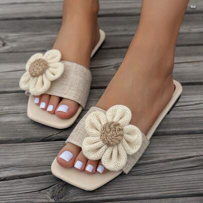 Women's Summer New Floral Flat Sandals, Fashionable Square Toe Slip-On Beach Slippers, Comfortable Outdoor Beige Shoes
