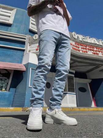 Straight Fit Washed Denim Jeans, Versatile Commuter Slim Fit Jeans With Slant Pockets, Personalized Pattern Couple Matching