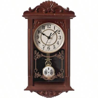 Vintage Grandfather Wood-Looking Plastic  Decorative Battery-Operated Wall Clock Brown For Office Home Decor Living Room Kitchen Or Dining Room Brown