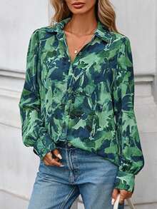 Women's Floral Print Button-Down Lantern Sleeve Bohemian Blouse