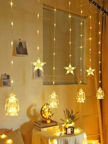1 pieza Cortina de 2m72 con 72 luces LED en forma de estrella, luces de hadas con forma de botella de queroseno con pilas AA, luces intermitentes, adecuado para decoración de bodas, fiestas de cumpleaños, decoración navideña, decoración de jardín, pasillos y aleros de árboles - Botella de queroseno + estrellas - Ver 14