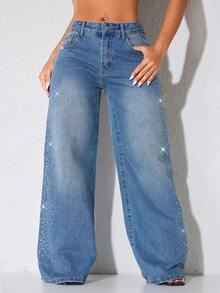 Low Waist Wide Leg Casual Black Slanted Pocket Curved Women's Jeans Heavy Beadwork - Blue - View 4