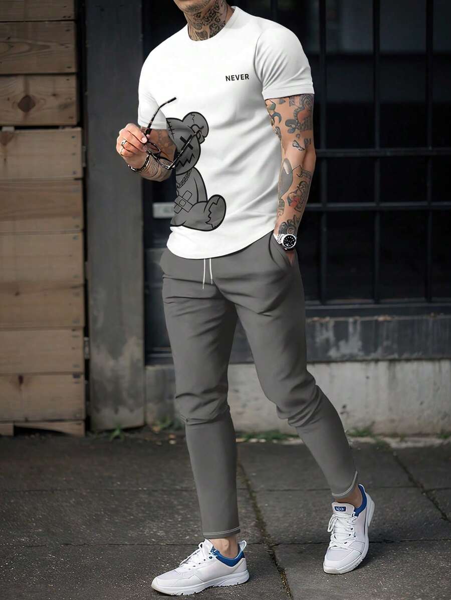Men's Business Bear Print Short Sleeve T-Shirt And Pants Set - Multicolor - View 1