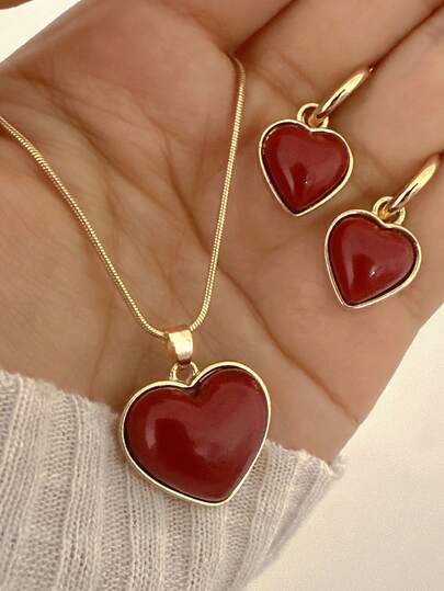 3pcs Elegant Red Heart Pendant Necklace & Earrings 2-In-1 Jewelry Set, Gift For Women, Suitable For Daily Wear, Vacation, Party, Date, Commute, Valentine's Day