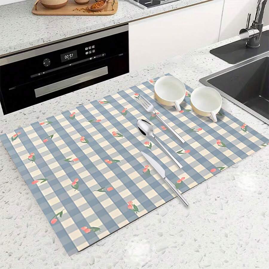 1 pieza Alfombrilla multiusos absorbente con diseño de tulipán retro a cuadros, protector de encimera impermeable de poliéster para cocina, mesa de comedor, secado de platos, lavadora, cafetera, tocador de baño, accesorios de cocina, artículos para fiestas - Multicolor - Ver 1