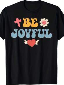 Groovy Be Joyful Christian 70's Hippie T-Shirt 1 pieza Camiseta con estampado de letras de dibujos animados, 220g de algodón puro pesado 100% Camiseta gráfica unisex - Camiseta de algodón suave para uso diario con diseño de impresión genial para hombres y mujeres. - Negro 31 - Ver 1