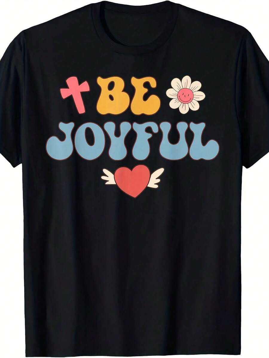 Groovy Be Joyful Christian 70's Hippie T-Shirt 1 pieza Camiseta con estampado de letras de dibujos animados, 220g de algodón puro pesado 100% Camiseta gráfica unisex - Camiseta de algodón suave para uso diario con diseño de impresión genial para hombres y mujeres. - Negro 31 - Ver 1