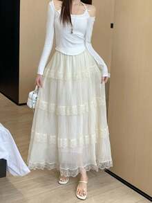 高腰蕾丝边网纱喇叭裙，百搭休闲褶裥长裙，2026春夏款 - 杏色 - 查看 7