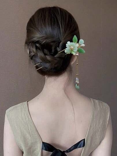 1pc New Chinese Style Tassel Flower Pearl Hair Stick, Bun Extension, Hair Styling Pins, Hair Accessories For Women