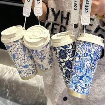 1 st. kaffekopp i rostfritt stål med porslinsmönster, blommig serie, bärbar, dubbelväggig, isolerad, hög kvalitet