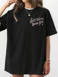 Cute, Fun And Comfortable Pattern Short-Sleeved, Anti-Social Book Club Cartoon Letter Pattern Printed Women's T-Shirt, Suitable For Various Occasions, Festival Gifts, Birthday Gifts, Music Festivals, Casual, Versatile And Comfortable, Beach Vacation, Simple And Fashionable, Suitable For Daily Wear Of Women And Girls - 黑色 - 查看 3