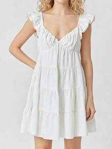 Women Tiered Mini Dress Solid V Neck Flutter Sleeve Backless A-Line Short Dress For Daily Party Club - 白色 - 查看 2