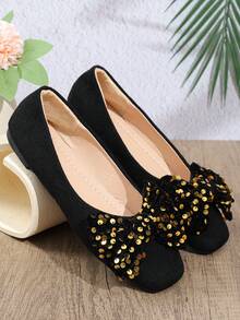 Women's Square Toe Slip-On Casual Flat Shoes With Glitter Bow Decor - Black - View 6
