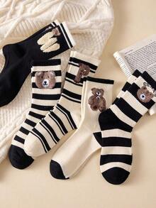 3/5 Pairs Women Cute Bear & Striped Pattern Mesh Mid-Calf Socks, Non-Slip Comfortable Crew Socks, Suitable Autumn/Winter, Random Colors, Cozy Socks - 彩色 - 查看 4