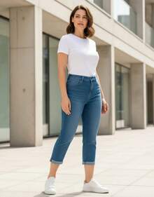 Capri mezclilla dobladillo visible roll up jeans cortos sueltos elásticos stretch - Azul - Ver 5