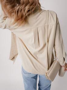 Astylish Áo khoác sơ mi ấm áp bằng vải nhung kẻ sọc Houndstooth chắp vá dành cho nữ - Màu be - Xem 4