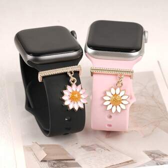 1 pezzo Anello decorativo per cinturino di orologio con fiori rosa/bianchi a tema cartoni animati, accessorio gioiello per cinturino in silicone per Apple Watch Sports