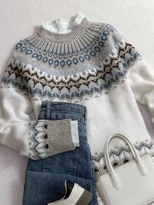 女士秋冬时尚舒适几何费尔岛图案圆领宽松针织套头毛衣