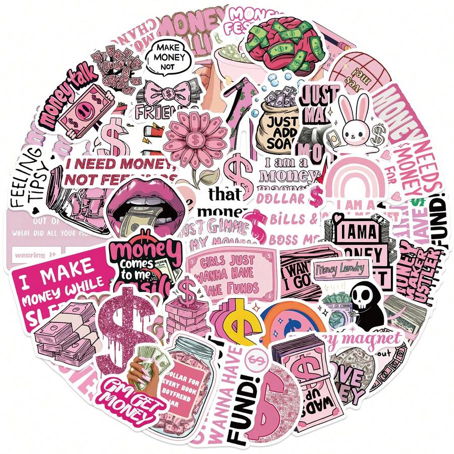 50张粉色趣味美元符号卡通贴纸，装饰实用，防水乙烯基材质，适用于水瓶、电脑、笔记本电脑、手机、行李箱、笔记本、冰箱等。