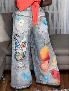 女士休闲牛仔印花口袋直筒裤，时尚日常穿着，抽象水彩蝴蝶图案 - 灰色 - 查看 2