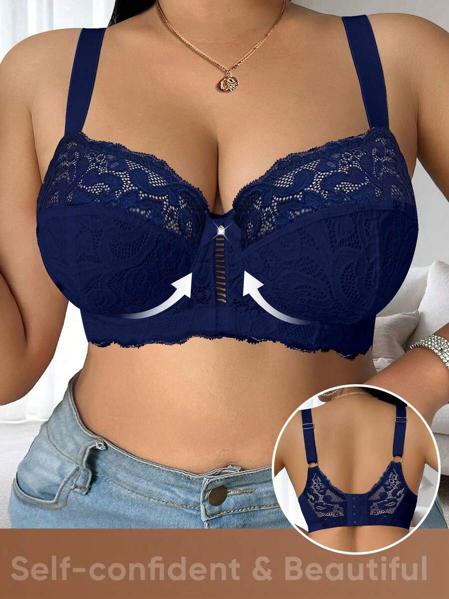 1 Peça Sutiã Sem Arame com Recorte de Renda Plus Size para Mulheres, Design Confortável e Minimalista, Tecido Tricotado - Azul - Visão 1