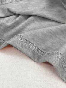 2pcs Plus Size Women Casual Set, Solid Color Knitted Fabric With Drawstring Tie, V-Neck Top With Ribbed Hem, Paired With Stretchy Shorts, Suitable For Spring, Summer, Autumn Seasons, Fit For Sporty, Leisure, And Daily Wear - Grey - View 6