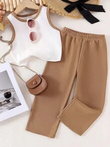 2pcs Solid & Contrast Color Cream White Young Girl Casual Minimalist Round Neck Tank Top And Pants Set, Suitable For Outdoor Picnics, Outings, Street Photography, Home, And Campus, Creating A Relaxed And Cozy Atmosphere - White - View 1