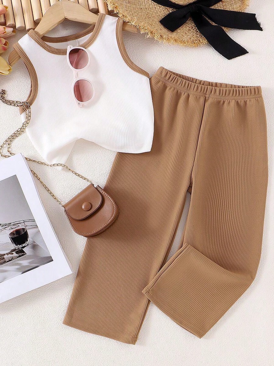 2pcs Solid & Contrast Color Cream White Young Girl Casual Minimalist Round Neck Tank Top And Pants Set, Suitable For Outdoor Picnics, Outings, Street Photography, Home, And Campus, Creating A Relaxed And Cozy Atmosphere - White - View 1