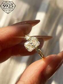 1pc 2ct Moissanite Rectangle Women's Ring, Hypoallergenic S925 Sterling Silver Ring, Radiant Cut, French Minimalist Jewelry, Engagement Promise Ring, Wedding Dress Accessory, Commute Outfit, Office Attire, Holiday Gift