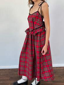 Women Summer Plaid Midi Cami Dress Backless Spaghetti Strap Ruffle Long Elegant Dress - 紅色 - 查看 2