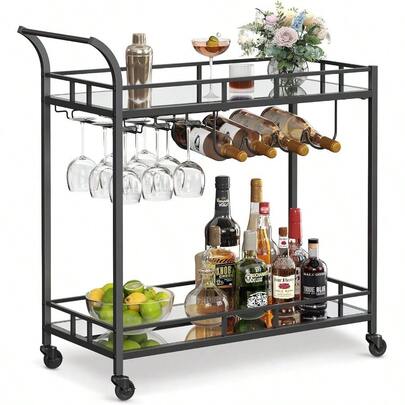 Bar Cart Black Home Bar Serving Cart Wine Cart With 2 Mirrored Shelves Wine Holders Glass Holders For Kitchen Dining Room Black ULRC090B62