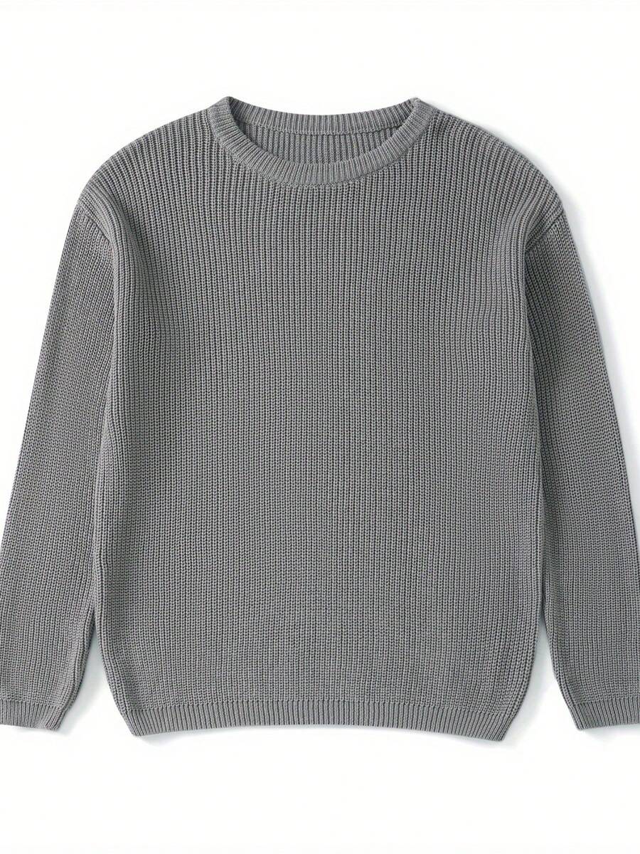 Mommy And Me Matching Sweaters Solid Color Ribbed Long Sleeve Round Neck Chunky Knit Tops For Autumn Winter - Grey - View 1