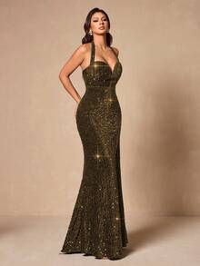 Backless High Slit Sequin Patchwork Formal Evening Gown, Elegant For Cocktail Party - Coffee - View 7