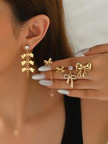 5对独特水钻蝴蝶结耳环，流苏链耳环套装，女士，派对及礼物 - 金黃色 - 查看 6