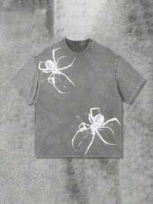 Y2K Spider Print T-Shirt (230g Pure Cotton Washed T-Shirt)% Pure Cotton Fabric-Men And Women Street Retro Loose Casual Hip-Hop Washed T-Shirt, Retro - 灰色 - 查看 7