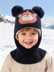 1 件儿童可爱卡通刺绣双绒球加厚防风保暖护耳护颈针织拉法帽，适合秋冬季男孩和女孩