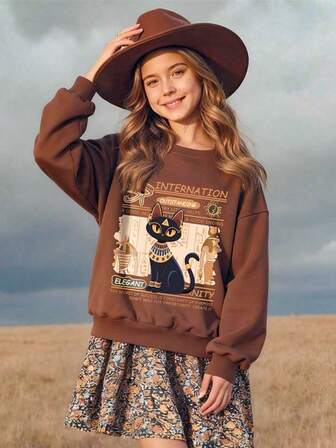 Tween Girls Young Girls Letter And Egyptian Black Cat Print Crew Neck Sweatshirt, Long-Sleeved Top, Perfect For Back-To-School And Casual Autumn Wear.Long Sleeve Tops Winter Clothes For Girls Fall Clothes